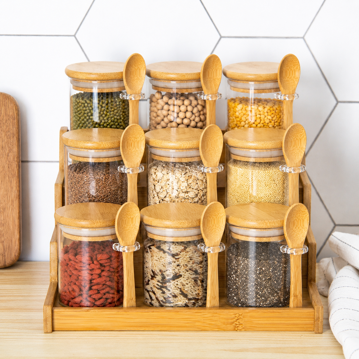 Glass Storage Jars with Bamboo Lids Set with Rack — Set of 9